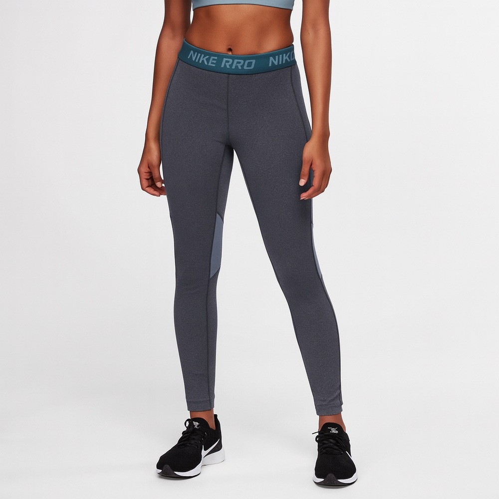 Nike PRO Charcoal Gray Teal Waistband Cozy Interior Performance Tights Medium